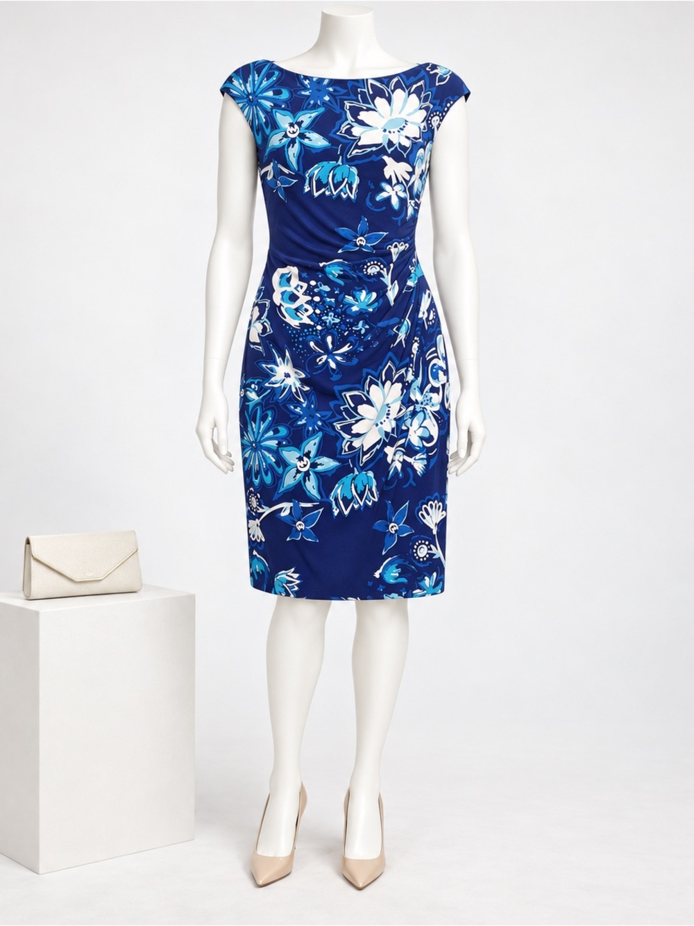 Lauren Ralph Lauren Blue Floral Ruched Sheath Dress Size 10